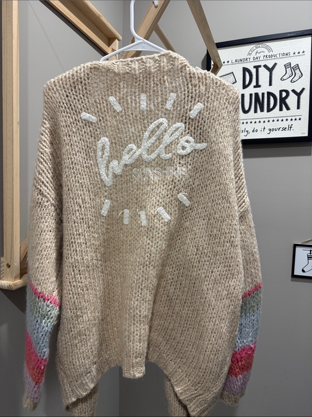 saltwater LUXE Beige Knit 'Hello Sunshine' Sweater with Multicolor Stripes